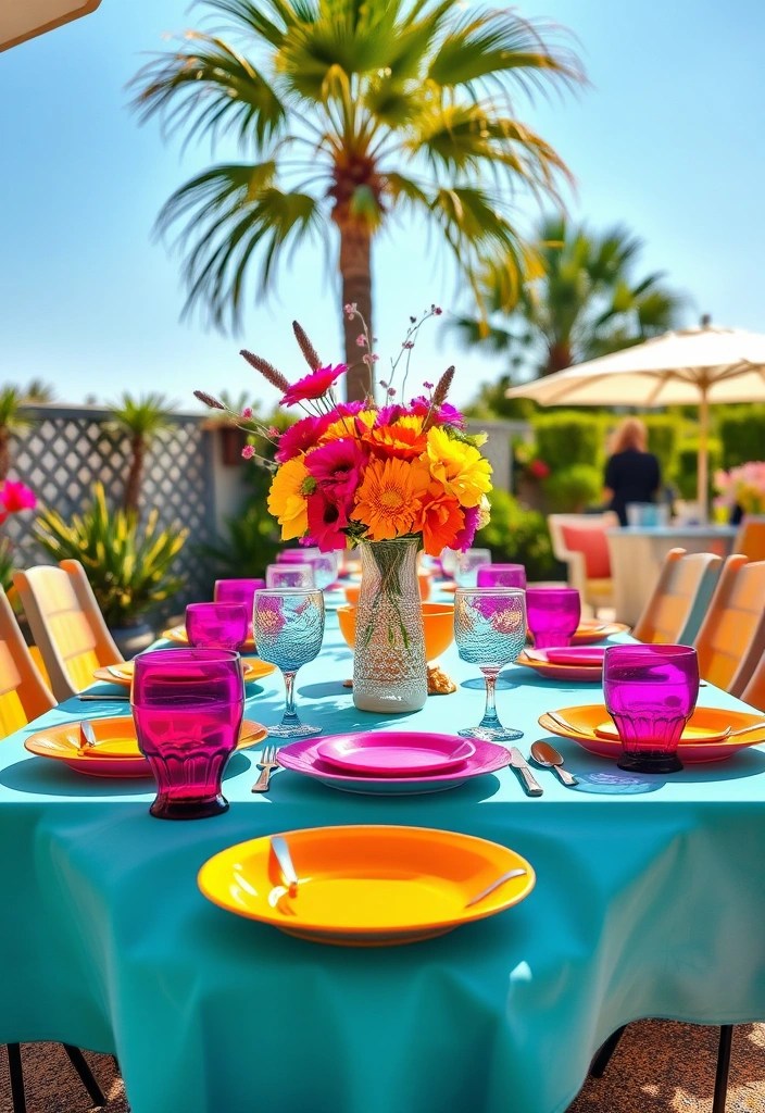 19 Patio Decor Ideas That'll Make Summer Feel Like a Dream (Goodbye, Boring Spaces!) - 16. Brightly Colored Tableware