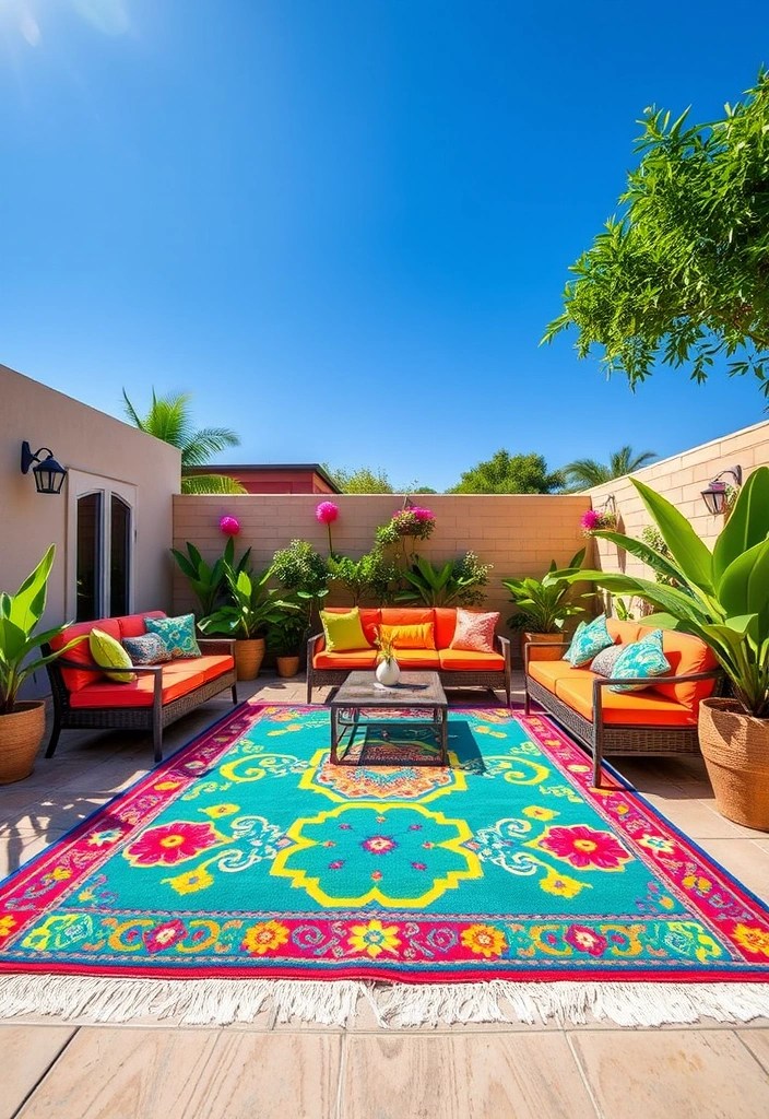 19 Patio Decor Ideas That'll Make Summer Feel Like a Dream (Goodbye, Boring Spaces!) - 3. Colorful Outdoor Rugs